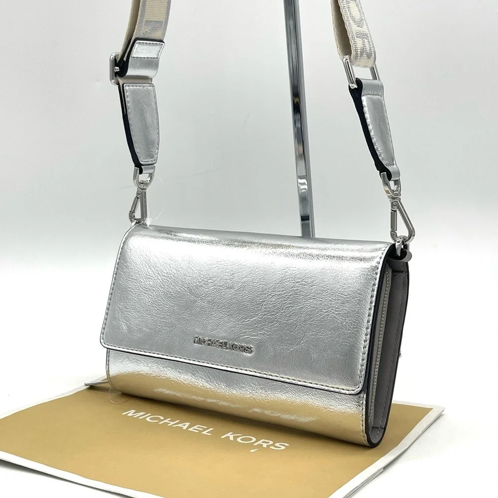 Michael Kors Large Zip Around Wallet Crossbody Bag Silver